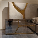 Mirror Stainless Steel Nightstand with Hammered Gold Accents & Burl Natural Wood Veneer